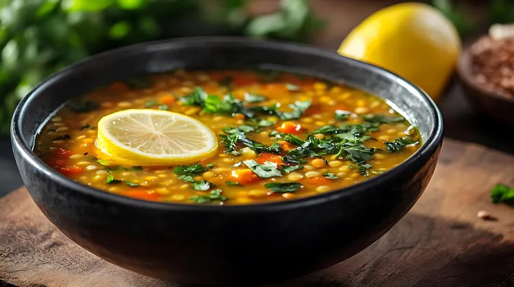Curried lentil soup with carrots, chickpeas and lemon
