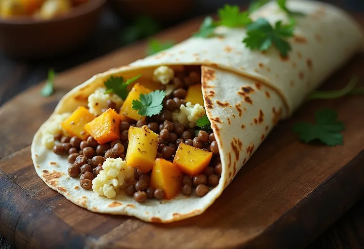 Curry-spiced vegan aloo gobi wraps with coconut milk