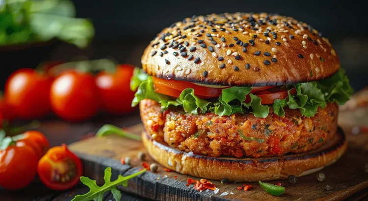 Deliciously easy lentil walnut burgers with lettuce and tomato