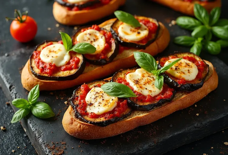 Eggplant flatbread with mozzarella, goat cheese and basil