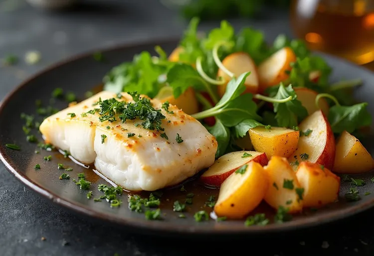 Fish with potato and apple salad
