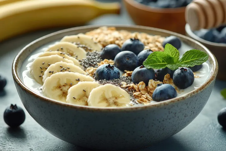 Warm oatmeal with bananas, apples, blueberries and coriander