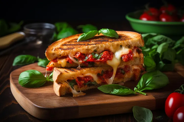 Gourmet grilled goat cheese sandwich with parmesan and tomato