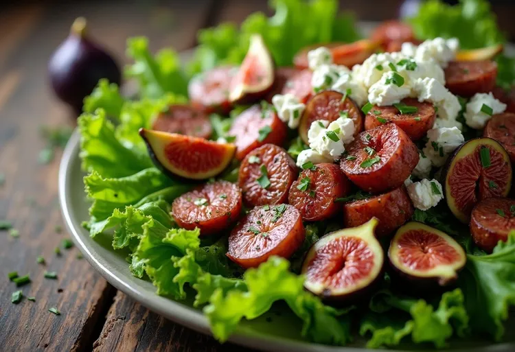 Grilled sausage with figs, goat cheese and lettuce salad