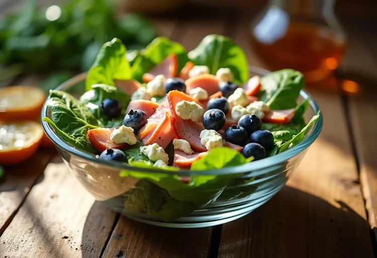 Ham and cottage cheese spinach salad with blueberries