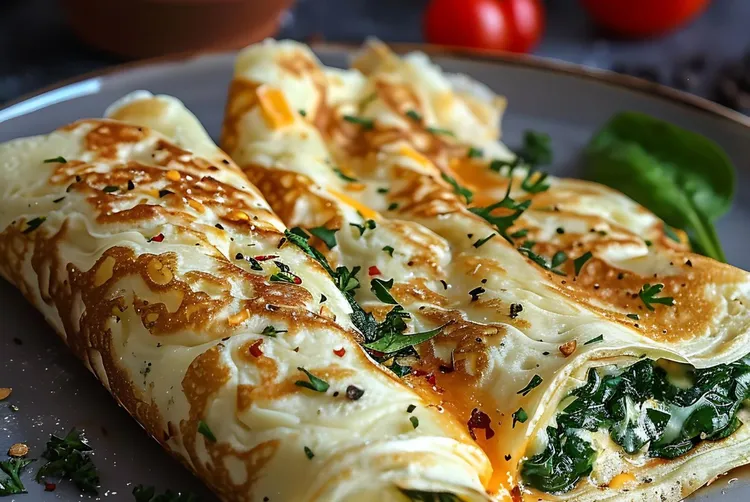 Ham, egg and spinach roll-ups with tomato and olive oil