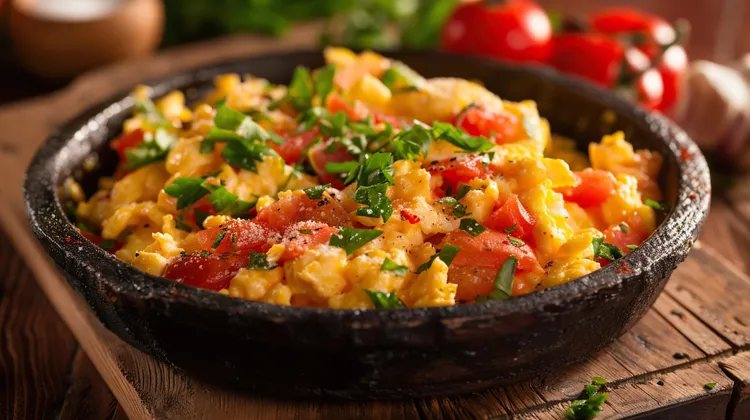 Ham, pepper and tomato scramble with cheddar cheese