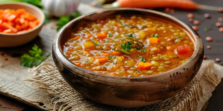 Greek lentil soup with carrots, celery and oregano