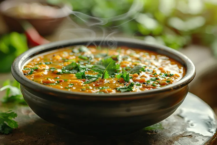 Lentil soup with carrots, spinach and cottage cheese