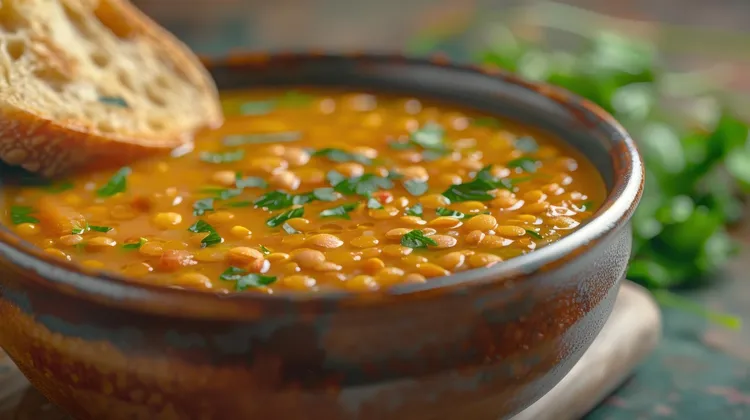 Lentil soup with garlic, turmeric and lemon