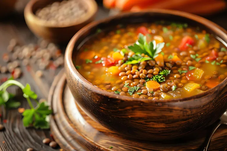 Tomato & lentil soup with carrots and celery
