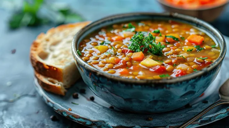 Tomato lentil soup with carrots, celery and potatoes