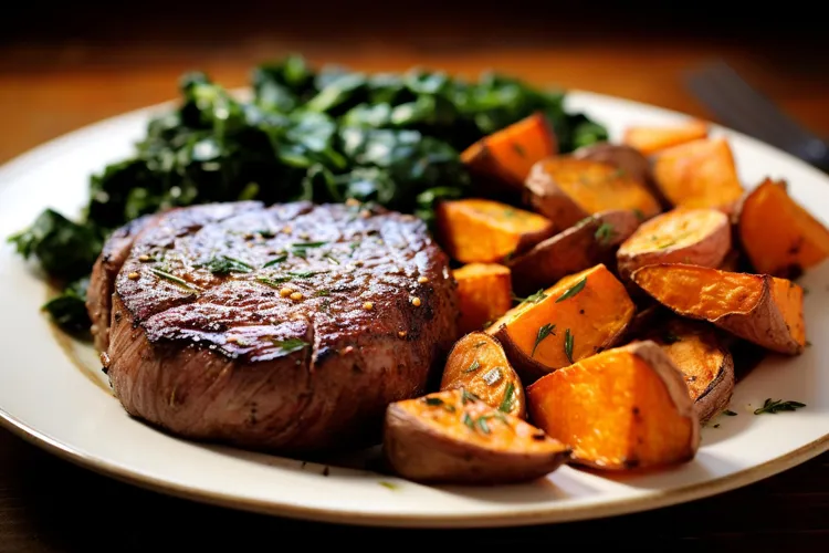 Honey-soy beef with sweet potato and asian greens