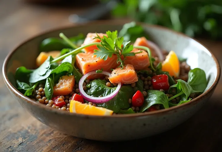 Hot smoked salmon & lentil salad