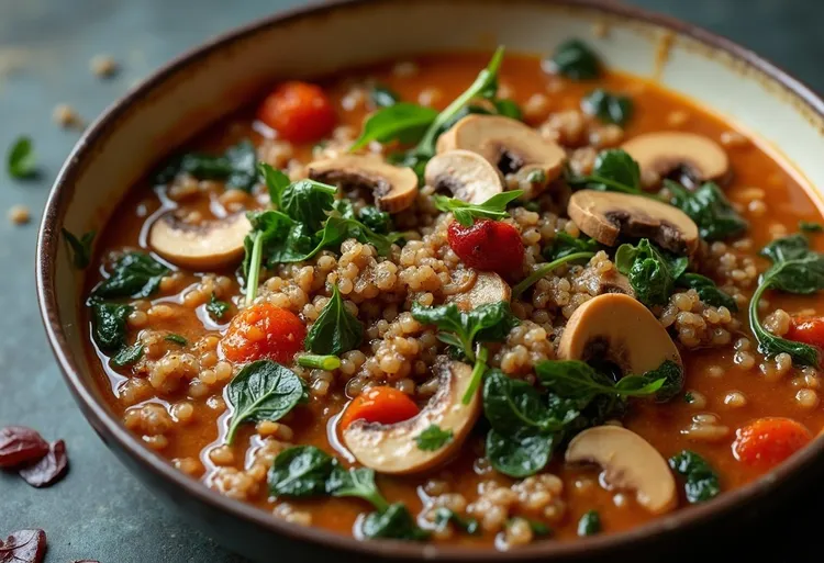 Lentil stew with mushrooms, sun-dried tomatoes and spinach