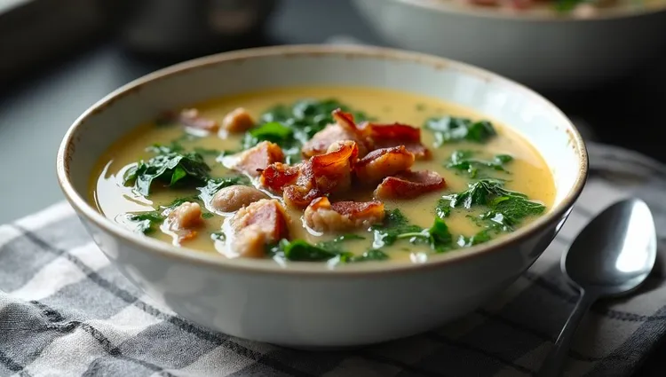 Keto italian sausage and bacon soup with spinach and cream