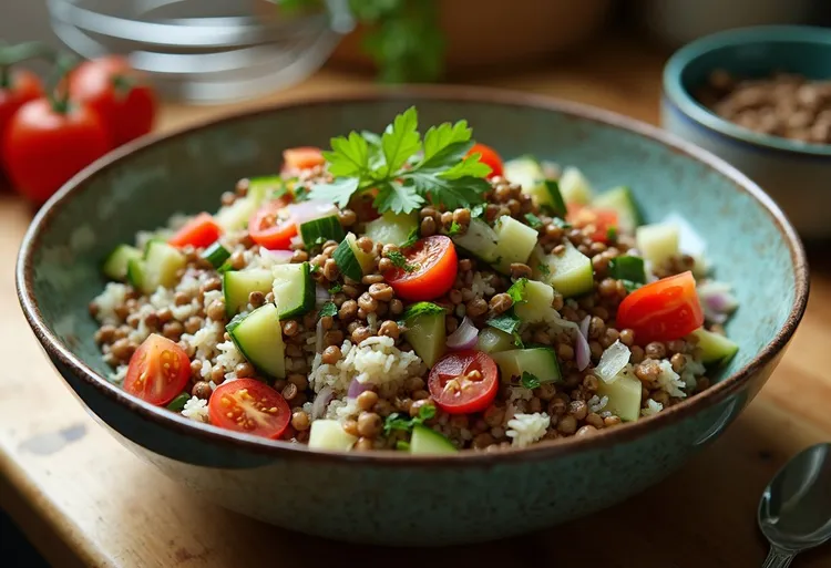 Lemony lentil and rice salad with tomatoes, cucumber and herbs