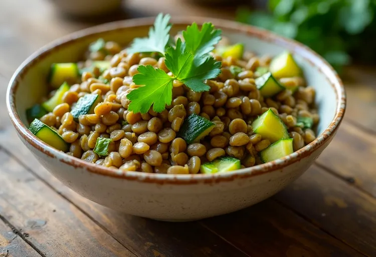 Lentil zucchini bowl with roasted garlic