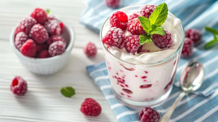 Light raspberry yogurt parfait with honey