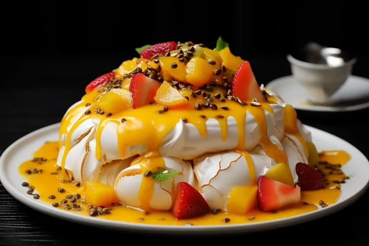 Little pavs with tropical fruits and passionfruit sauce