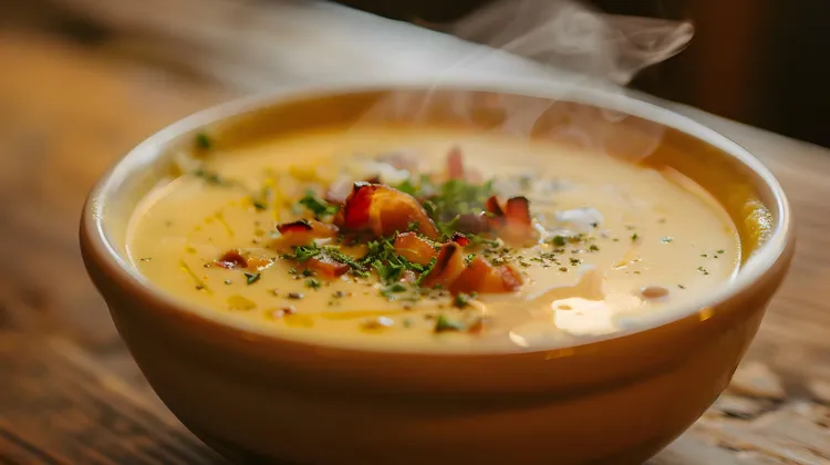 Low-carb cauliflower & ham soup with thyme and vinegar