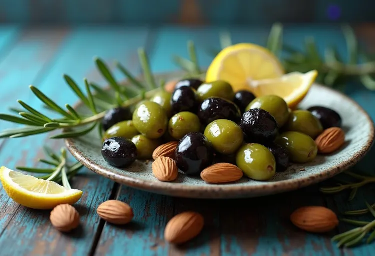 Marinated olives, spiced almonds & caperberries
