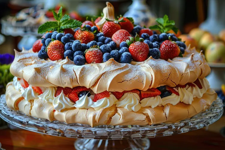 Meringue celebration cake with chocolate chunks and berries