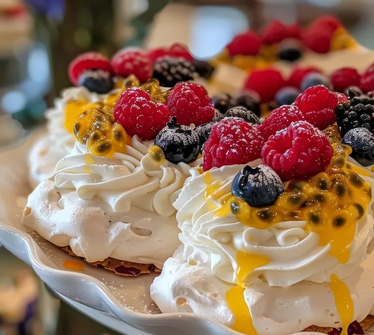 Mini passionfruit cream & berry pavlovas