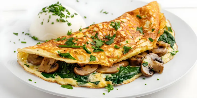 Mushroom, spinach and goat cheese omelet with onion and herbs