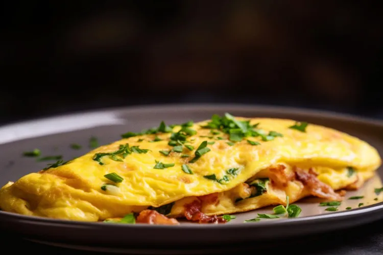 Bacon and goat cheese omelette with onion and dill