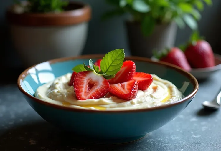 Orange-infused strawberries with passionfruit ricotta