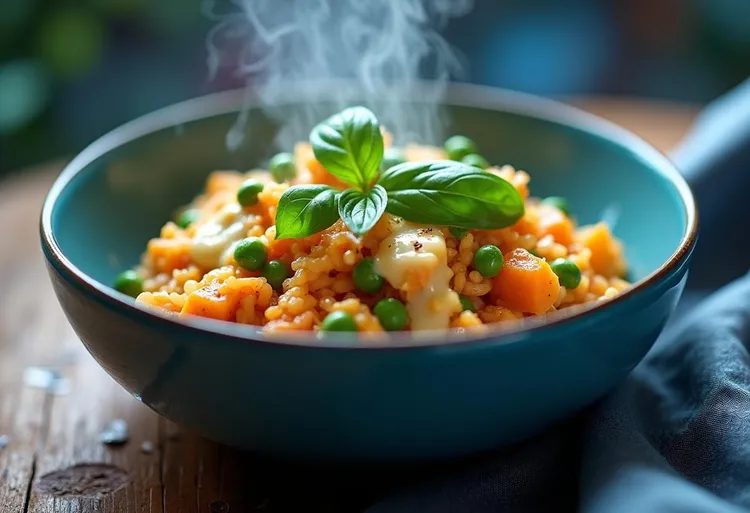 Oven-baked sweet potato and pea risotto