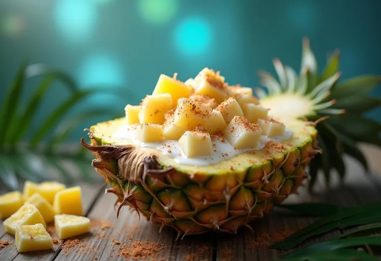 Paleo stuffed pineapple with bananas, coconut milk and cinnamon