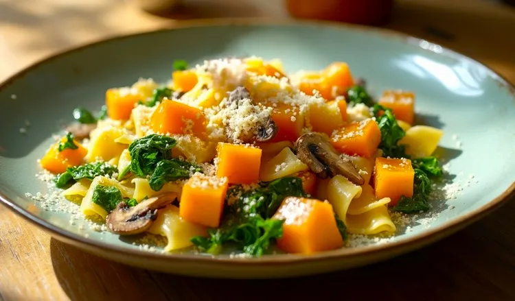 Pappardelle with squash, mushrooms and spinach