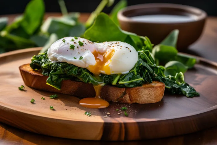 Ham and spinach toast with poached eggs and mayonnaise dressing
