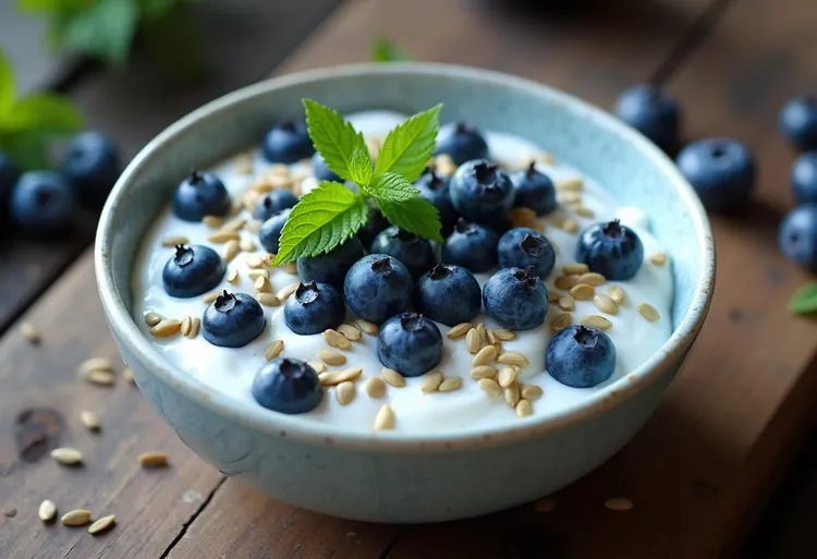 Protein-packed blueberry yogurt bowl with sunflower seeds