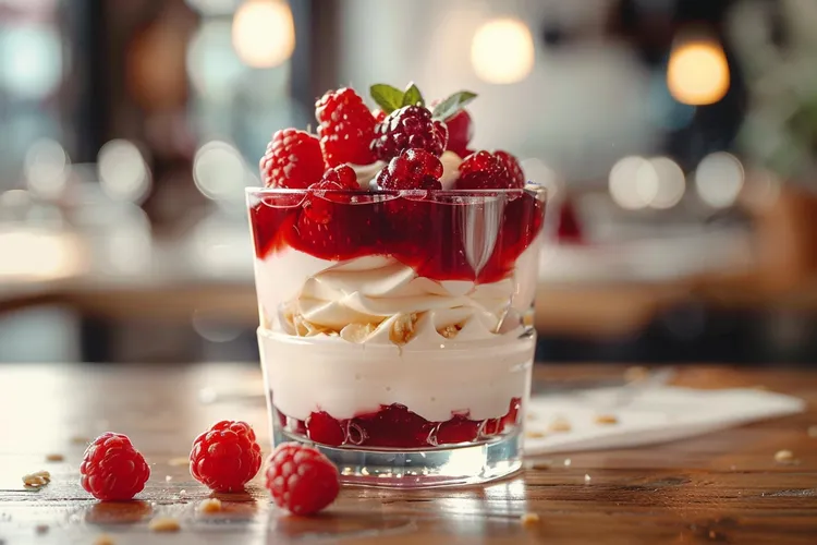 Raspberry ripple parfait with white chocolate shards