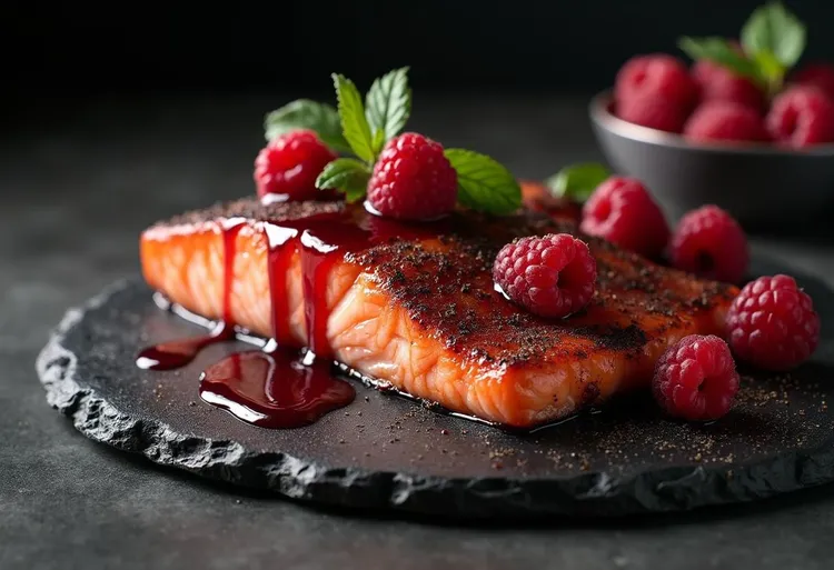 Raspberry-glazed salmon with olive oil and seasonings