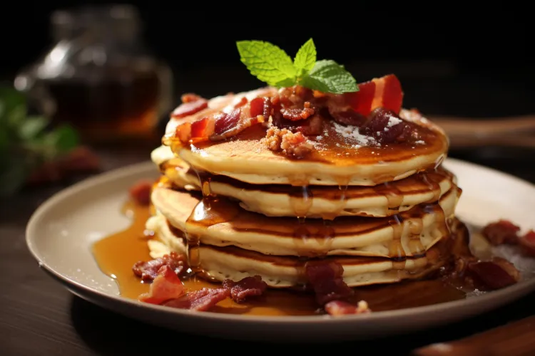 Ricotta hotcakes with maple glazed bacon