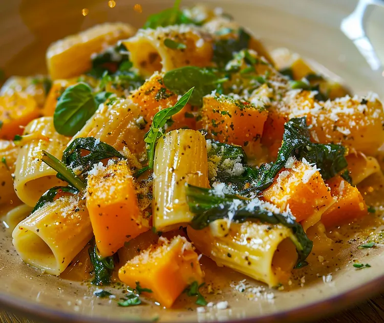 Roasted butternut squash pasta with pistachio pesto