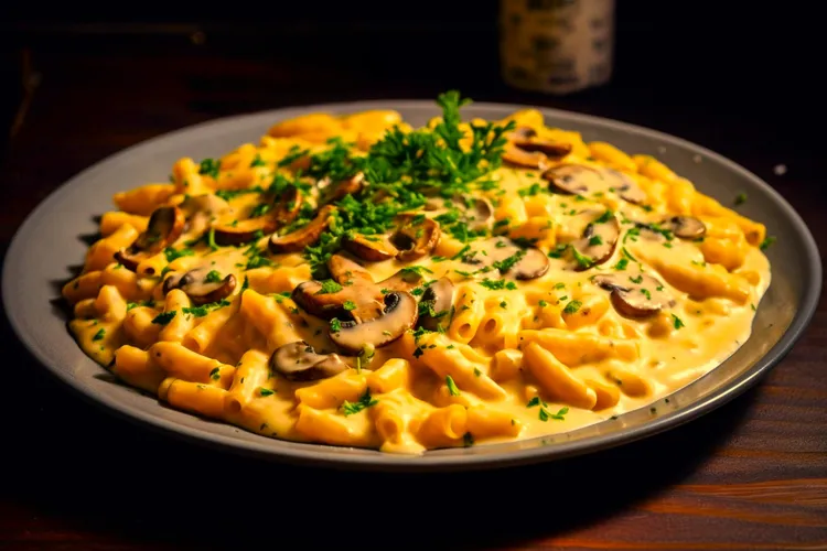 Roasted sweet potato mac and cheese with mushrooms