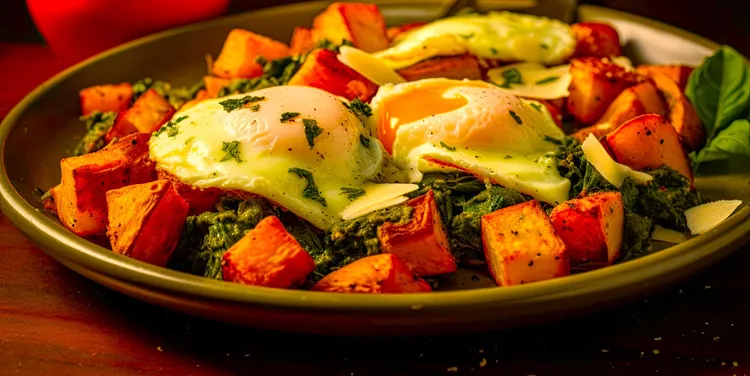 Sweet potato hash with eggs and herbs