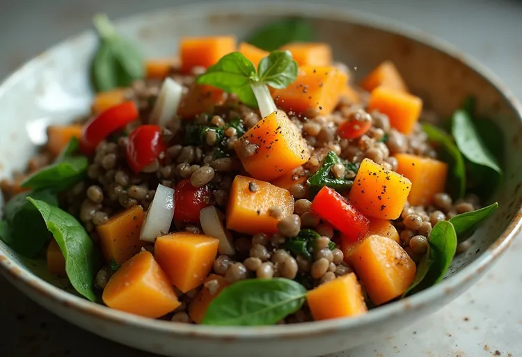 Sweet potato & lentil salad with spinach and red pepper