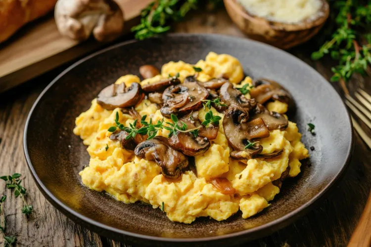 Scrambled eggs with bacon and mushrooms