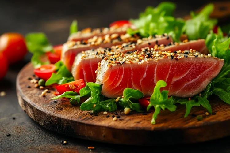 Ginger-lime seared ahi tuna with soy sauce and sesame oil