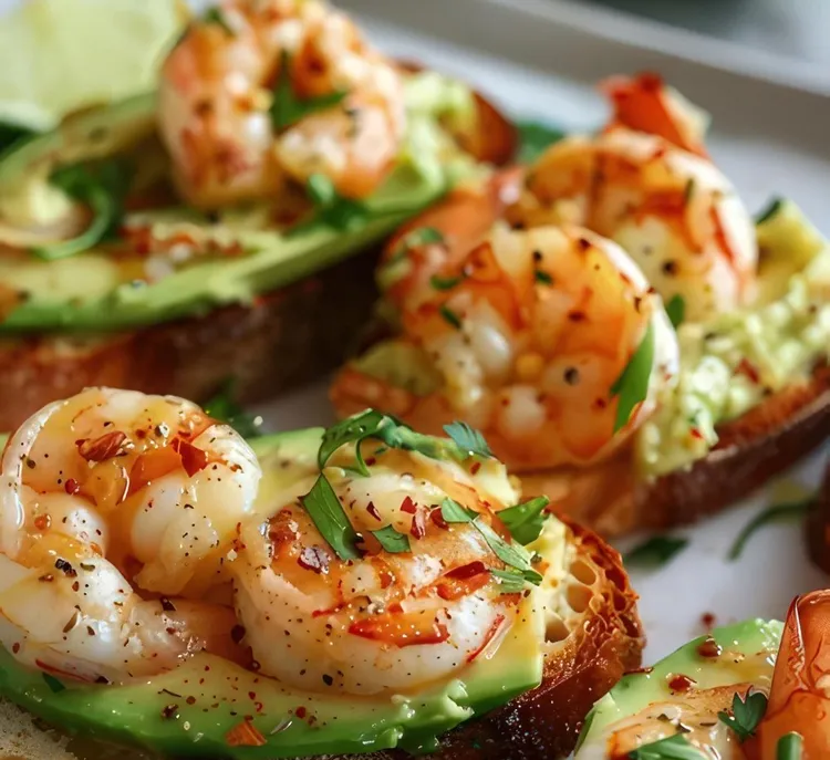Shrimp, avocado and lime crostini with rouille