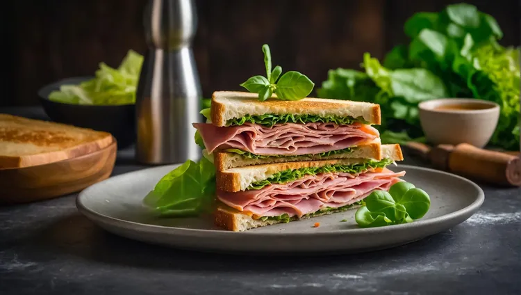 Ham and lettuce sandwich with creamy mayonnaise dressing