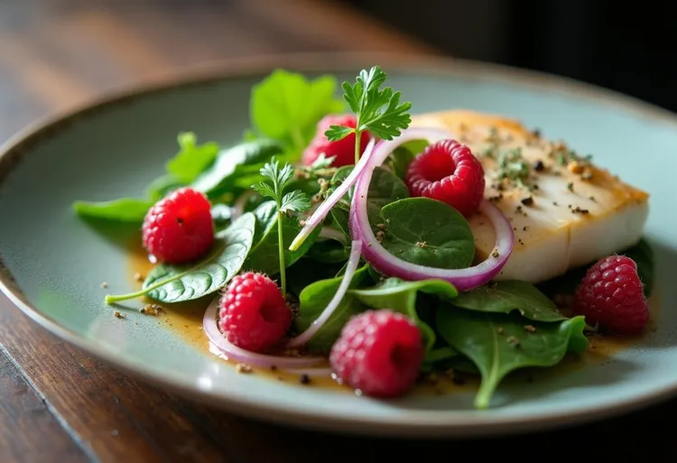 Spiced basa with raspberry salad