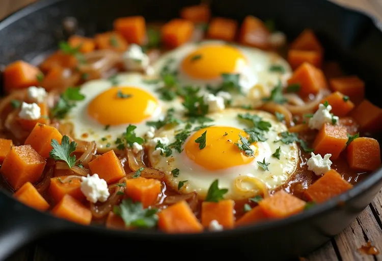 Spiced sweet potato and goat cheese egg skillet