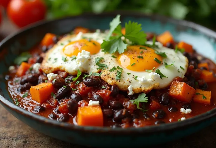 Black bean bowls with poached eggs and goat cheese